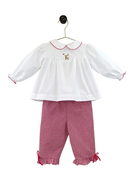 Reindeer Embroidered Ruffle Top & Pant Set