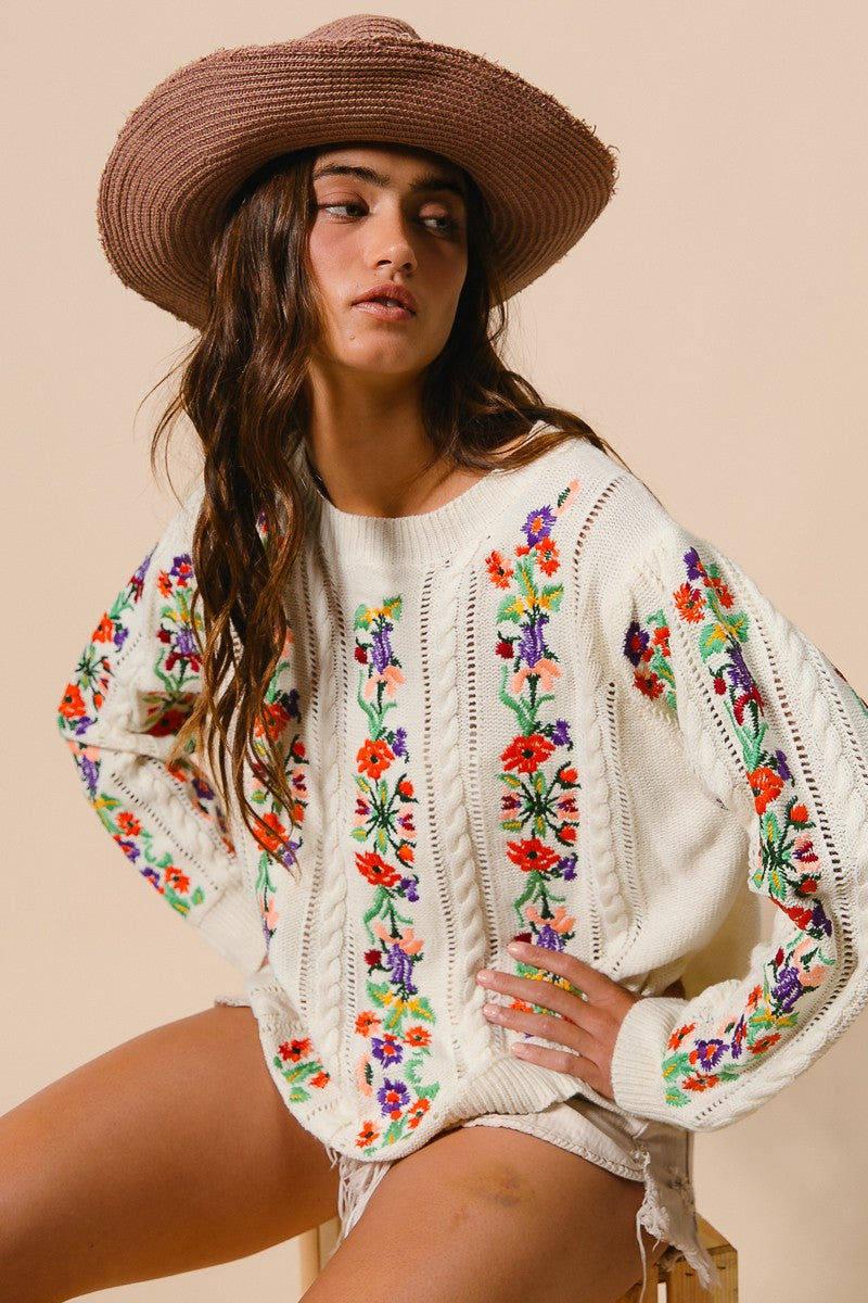 Buy Me Flowers Ivory Embroidered Sweater