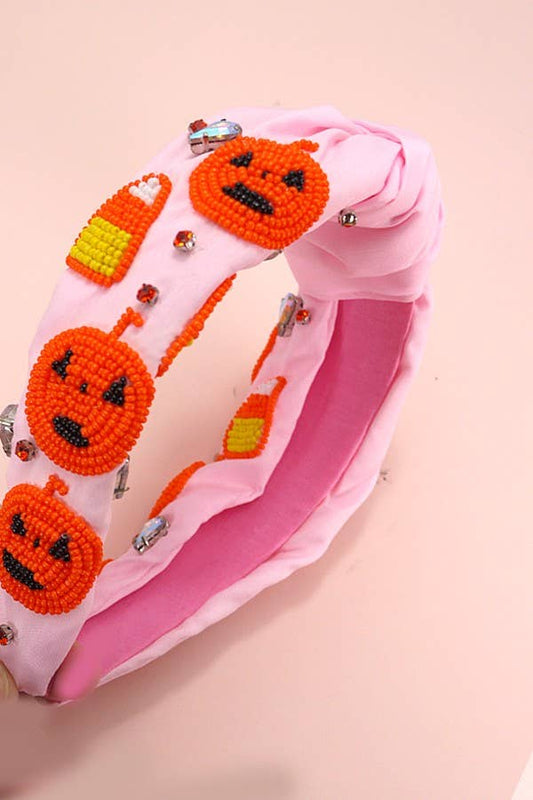 Pink Jack-O-Lantern Beaded Headband