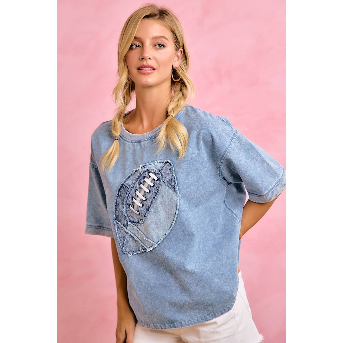 Gameday Denim Washed Football Applique Tee