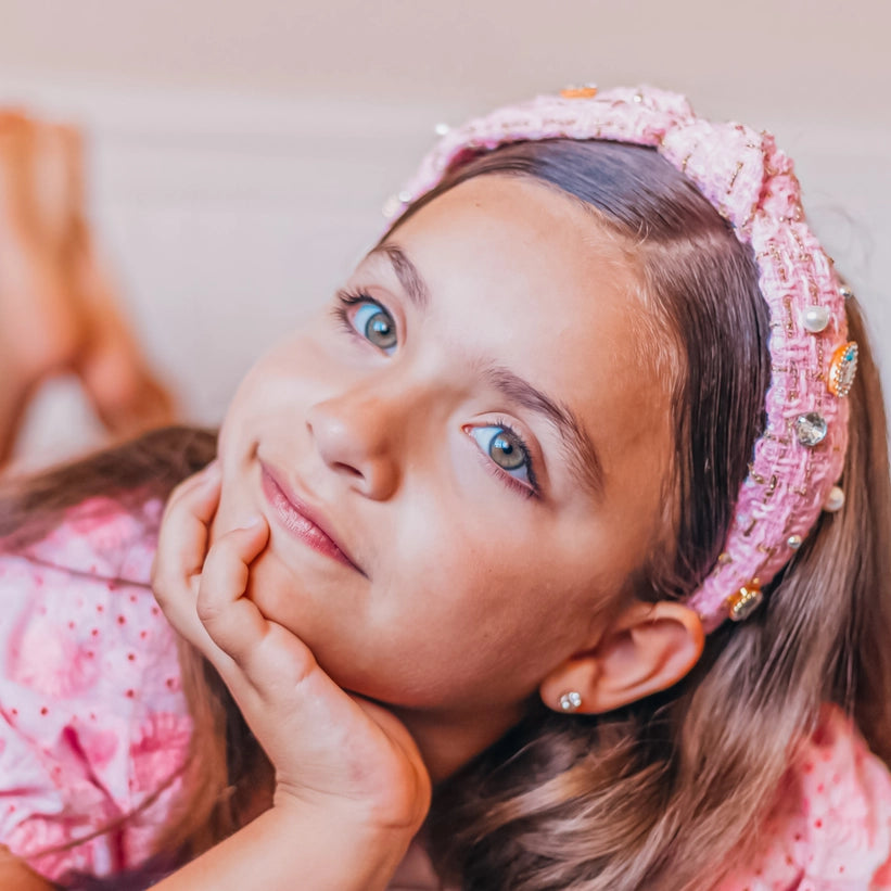 Girl’s Pink Tweed Embellished Headband