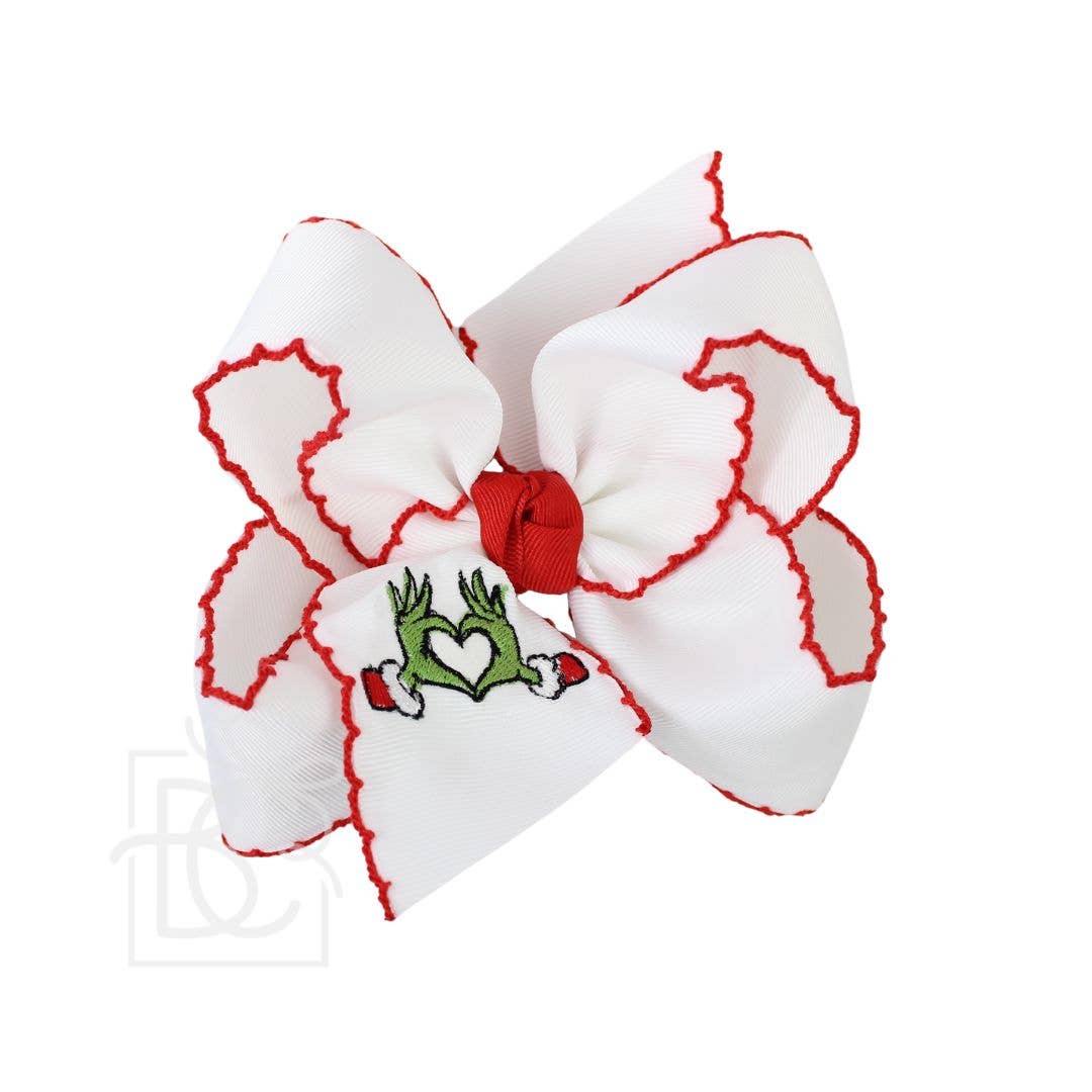 5.5" Embroidered Grinch Heart Crochet Edge Hair Bow