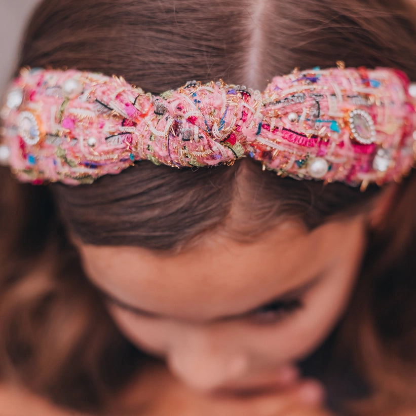 Girl’s Pink Multicolor Tweed Embellished Headband