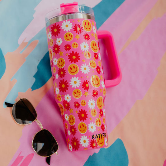 Hot Pink Happy Face Tumbler With Handle