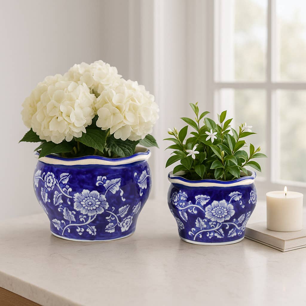 Large Blue Ceramic Chinoiserie Floral Planter