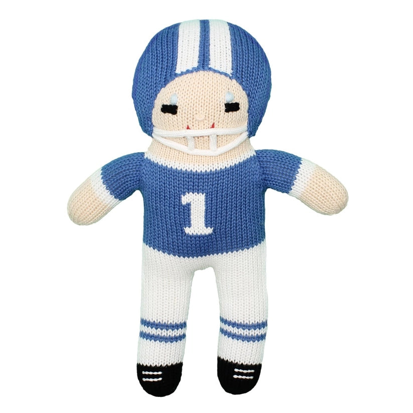 Blue & White Crochet Football Player Rattle