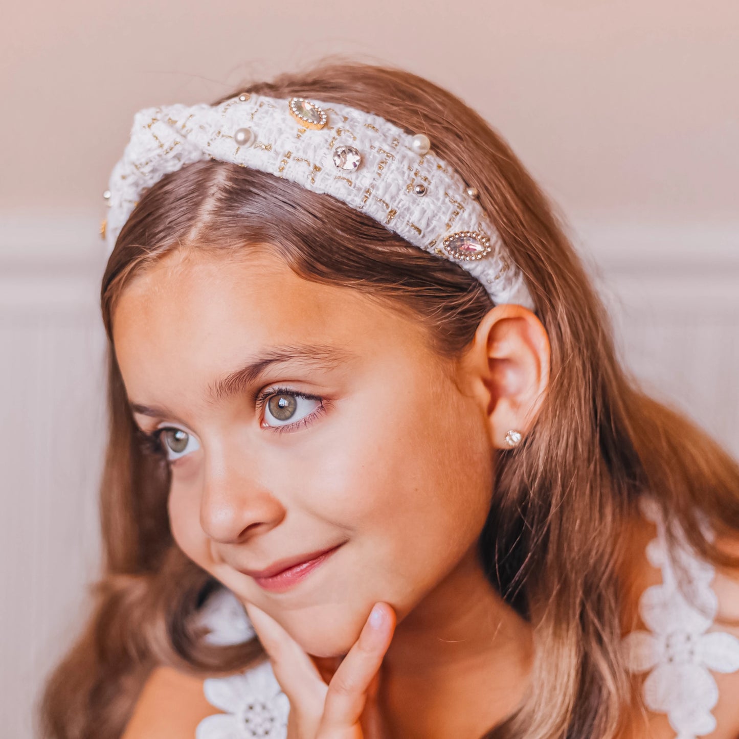 Girl’s White Tweed Embellished Headband