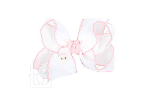 4.5" Embroidered Santa Crochet Edge Hair Bow: White w/ Light Pink Edge