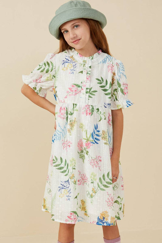 Girls Embroidered Textured Botanical Dress
