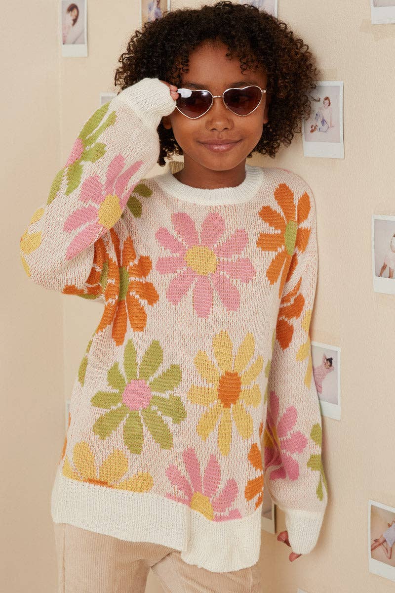 Girls Retro Daisy Knit Sweater