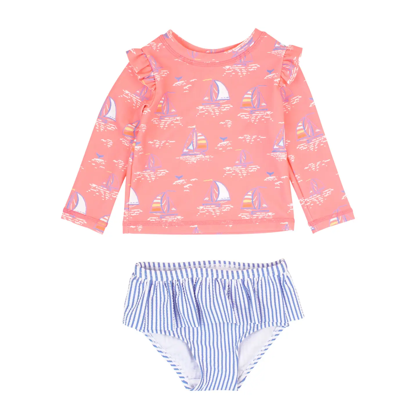 Girls Pink Seas the Day Skirted Flutter Long Sleeve Rash Guard Bikini