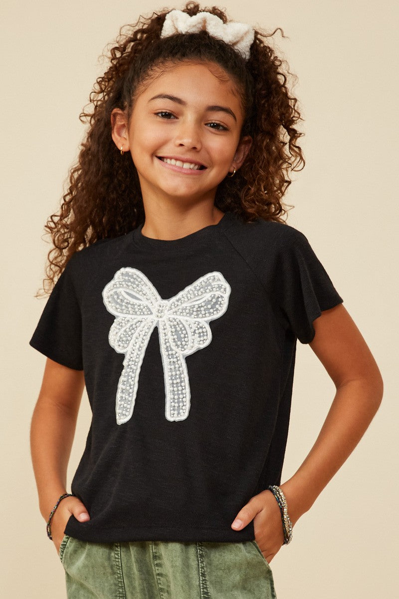 Girls Pearl Ribbon Patch Knit T-Shirt