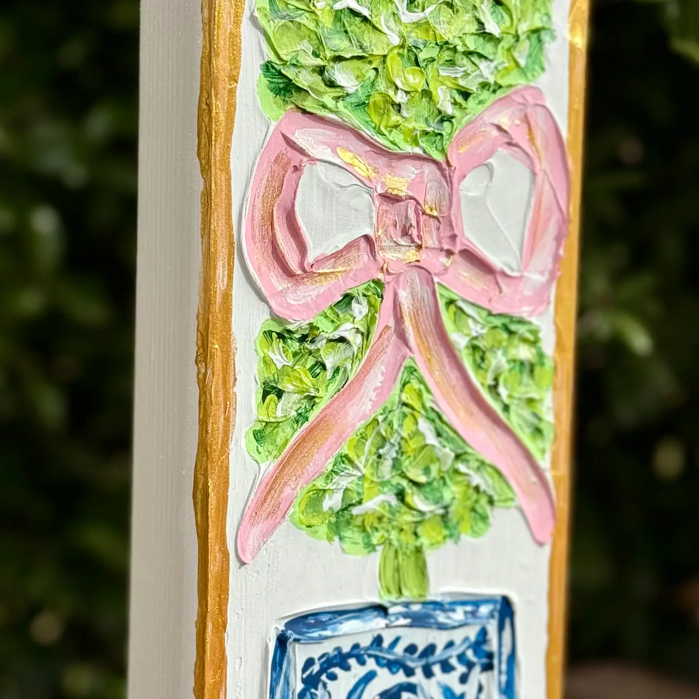 Textured Topiary Art Block with Pink Bow