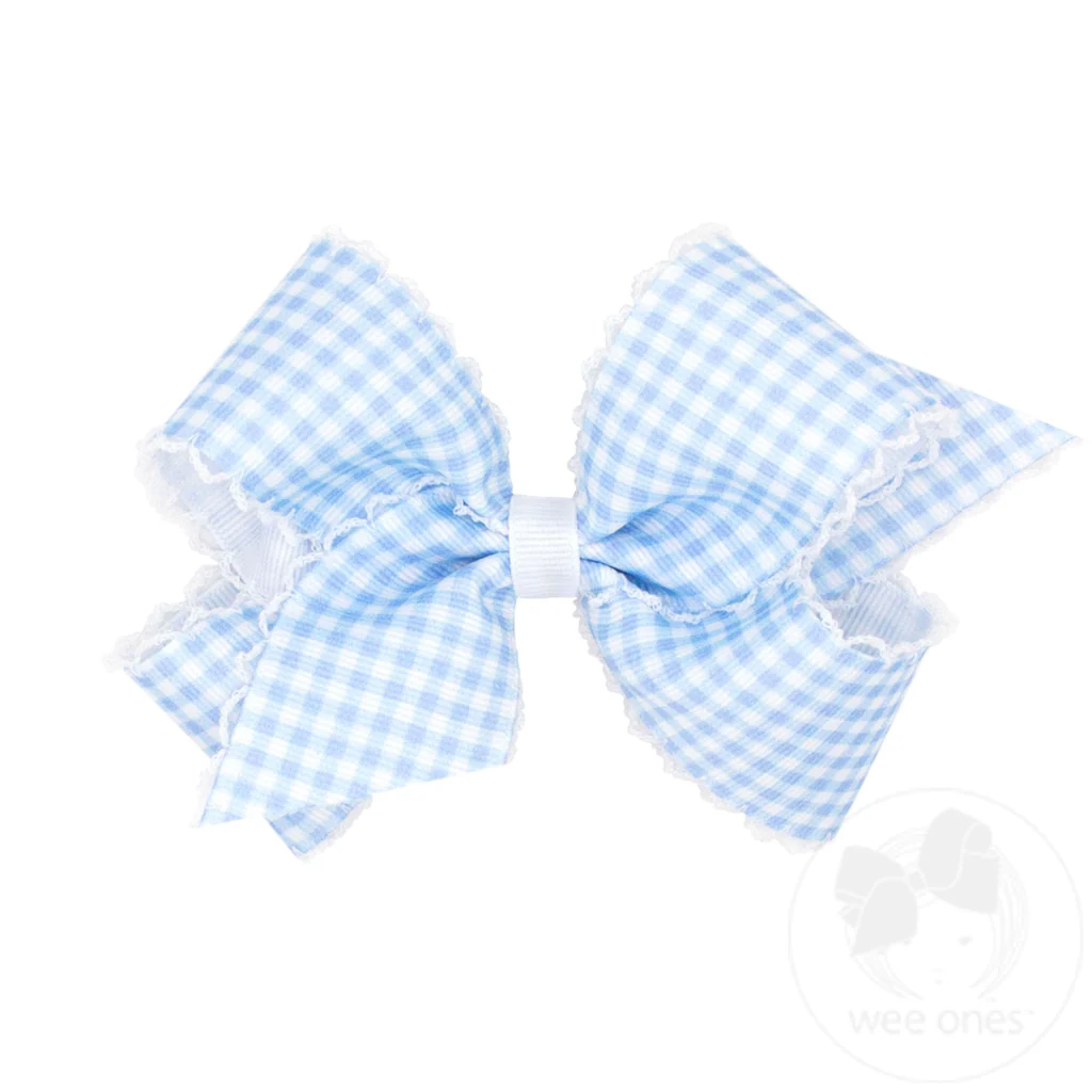 Blue Gingham Printed Grosgrain Hair Bow with Moonstitch Edge
