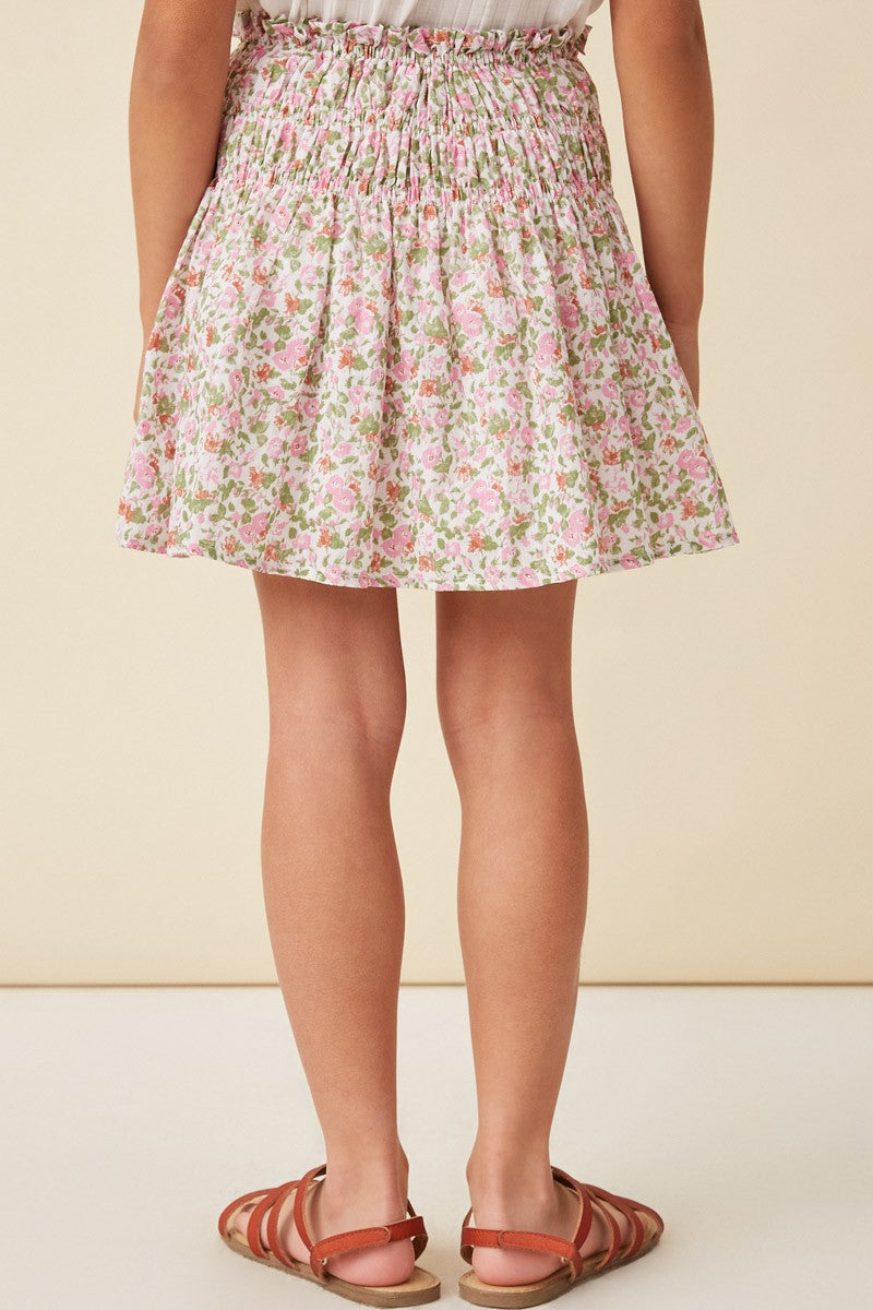 Girls Pink Floral Elastic Detailed Skirt