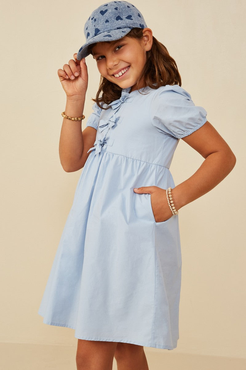 Girls Ribbon Detailed Puff Sleeve Dress