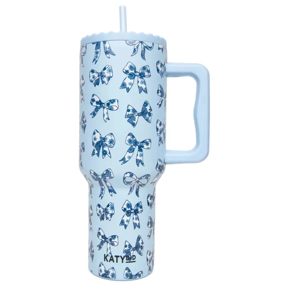 Light Blue Toile Coquette Bows Tumbler with Handle