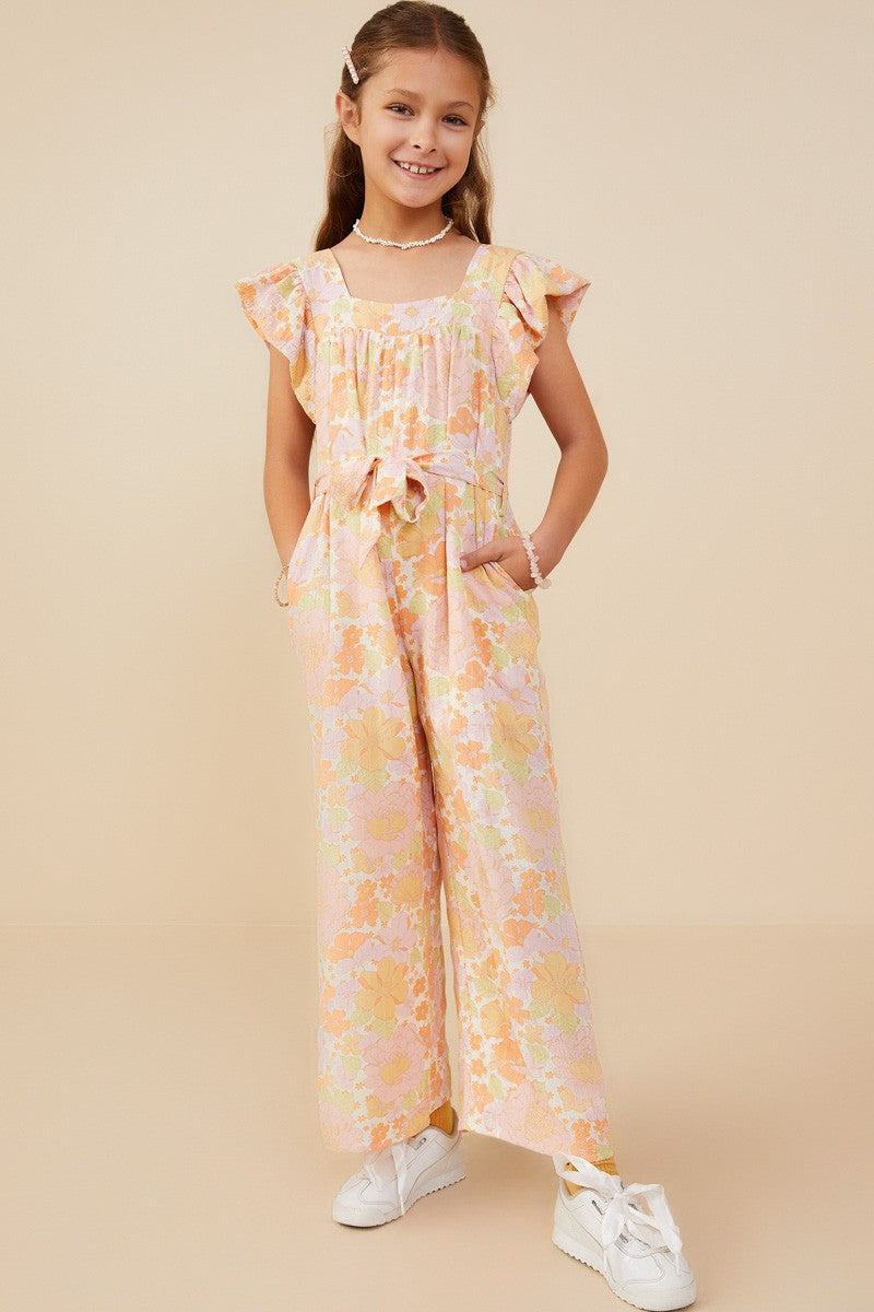 Girls Textured Floral Wide Leg Belted Jumpsuit