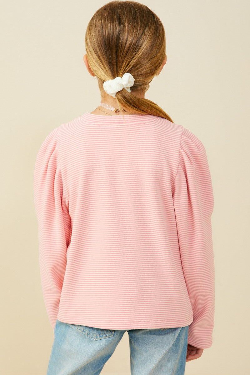 Girls Ribbed Puff Shoulder Long Sleeve Knit Top