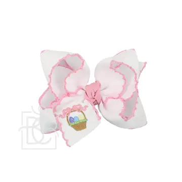 4.5" Embroidered Easter Basket Crochet Edge Hair Bow: White w/ Light Pink Edge