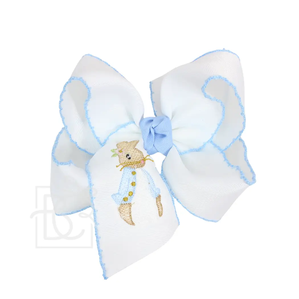 White w/Millenium Blue Embroidered Easter Crochet Edge Bows