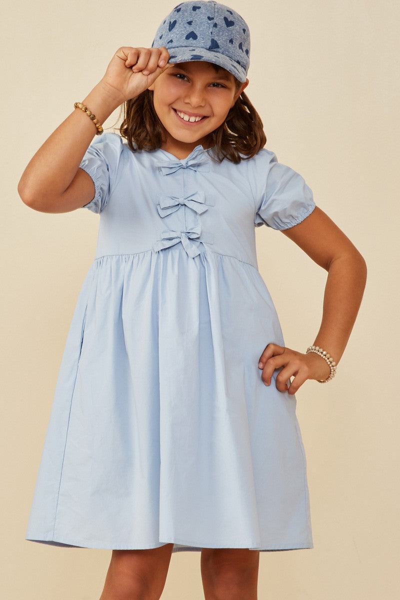 Girls Ribbon Detailed Puff Sleeve Dress