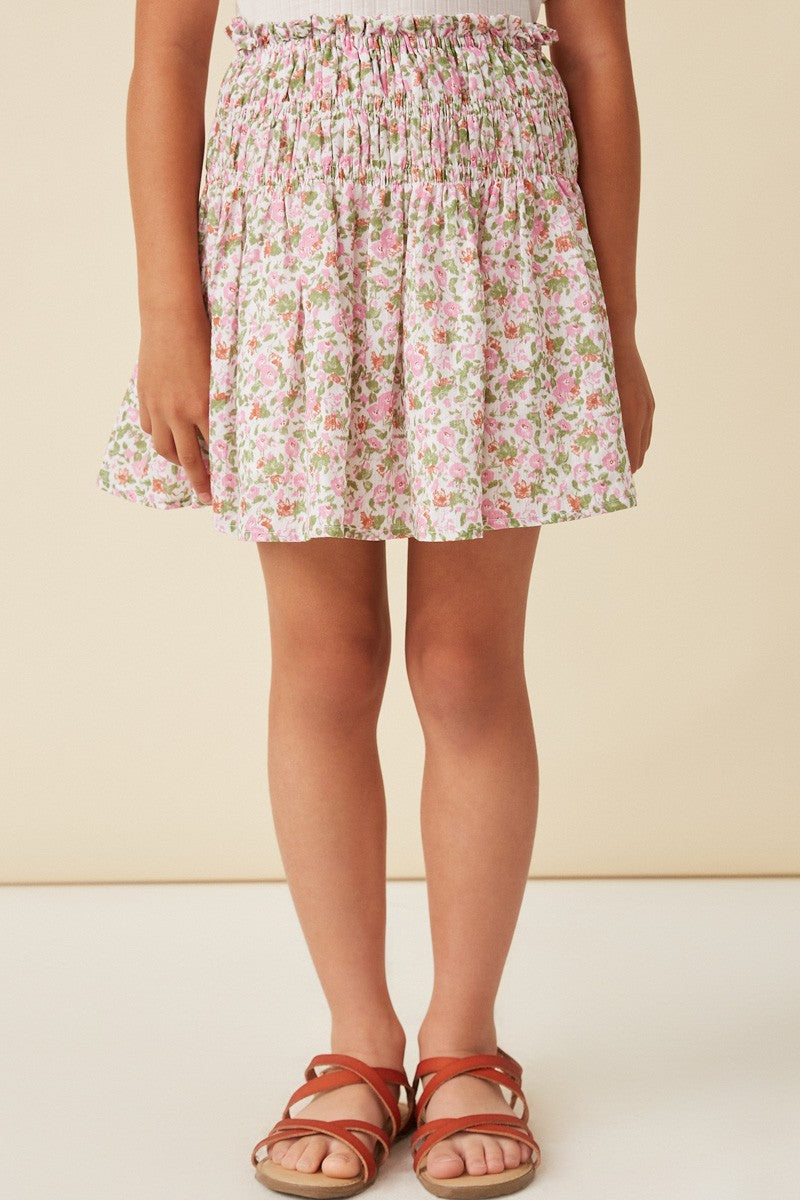 Girls Pink Floral Elastic Detailed Skirt