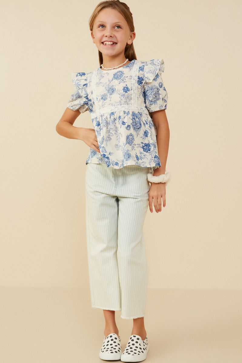 Girls Antique Floral Lace Trimmed Ruffle Top