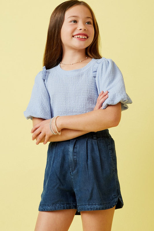 Girls Blue Crinkled Puff Sleeve Knit Top