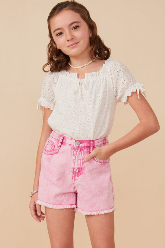 Girls Pink Washed Cutoff Denim Shorts