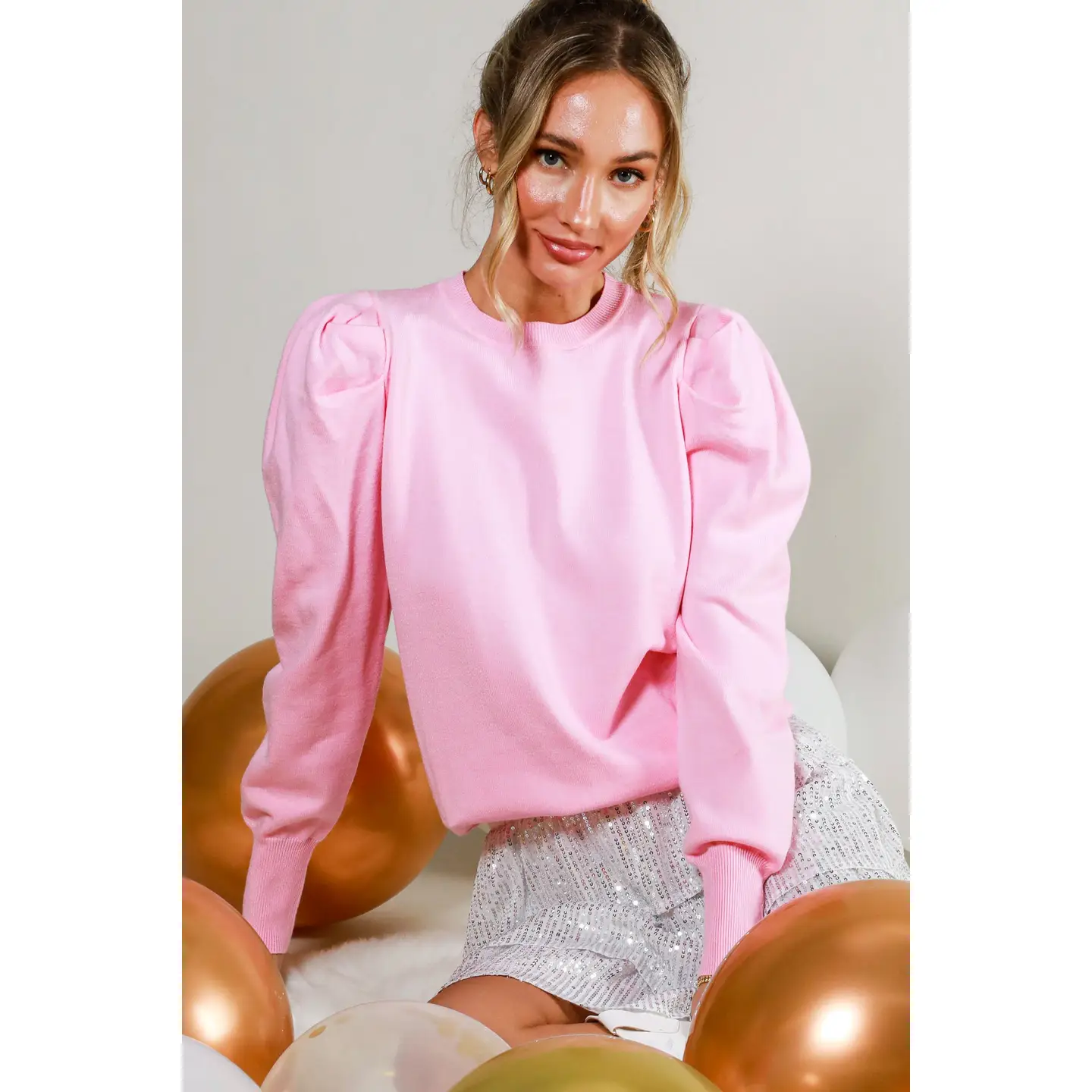 Light Pink Crew Neck Puff Knitted Sweater