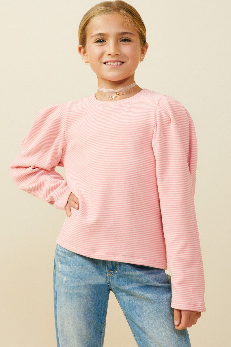 Girls Ribbed Puff Shoulder Long Sleeve Knit Top