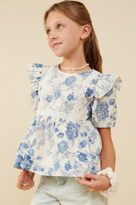 Girls Antique Floral Lace Trimmed Ruffle Top