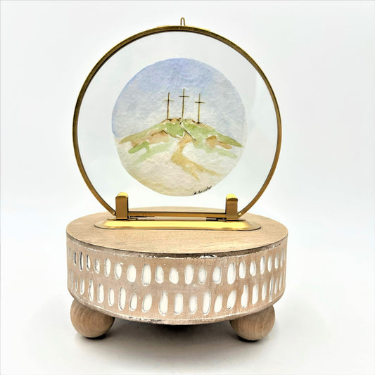 Three Crosses Watercolor Brass Framed Table Art