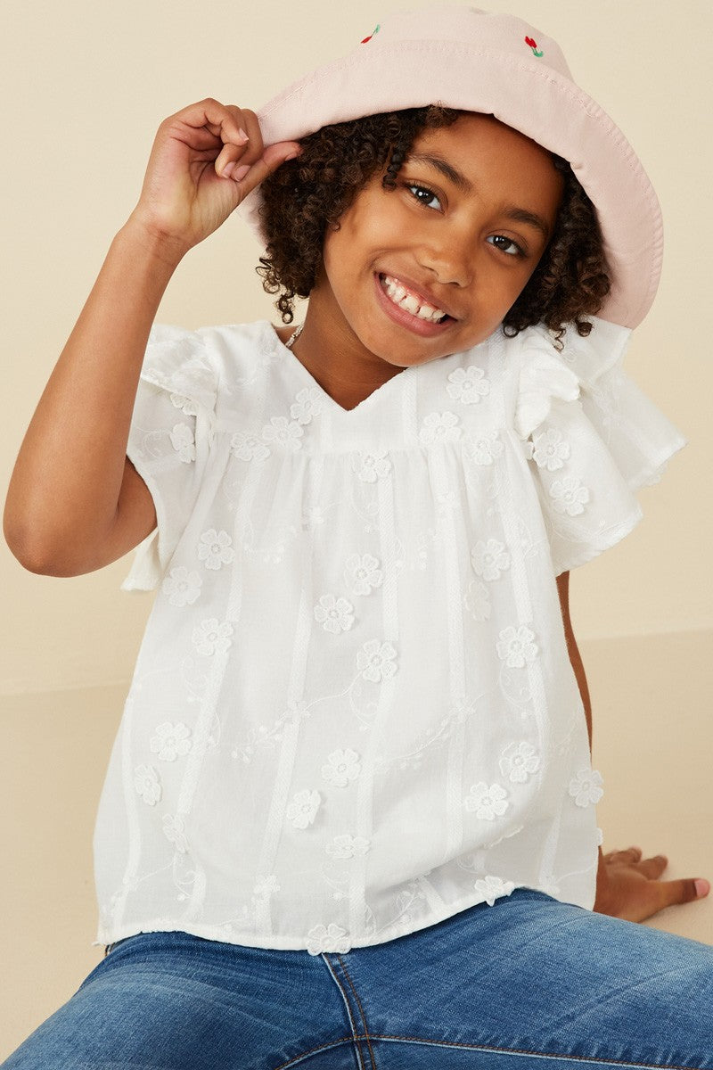 Girls Off White Crochet Floral Detailed Ruffle Sleeve Top
