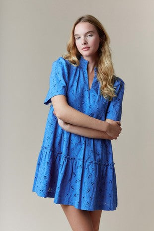 Pools Of Blue Eyelet Lace Tiered Mini Dress
