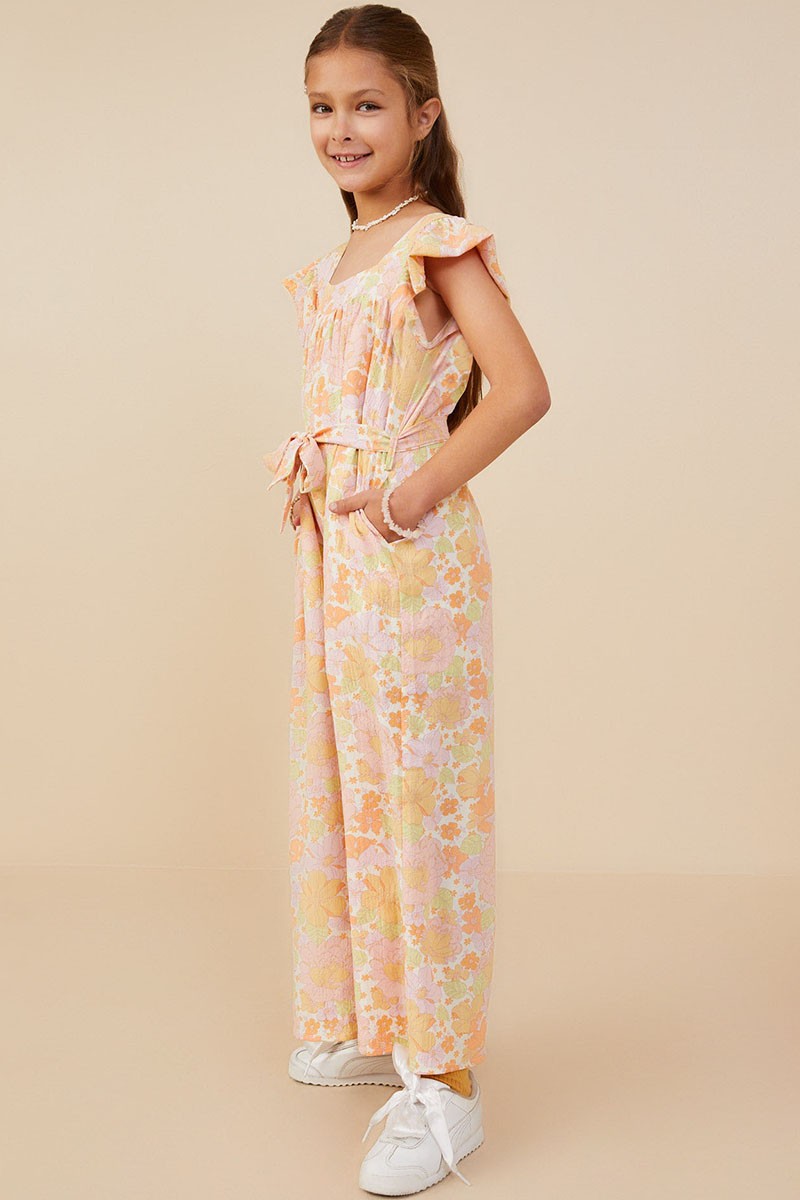 Girls Textured Floral Wide Leg Belted Jumpsuit
