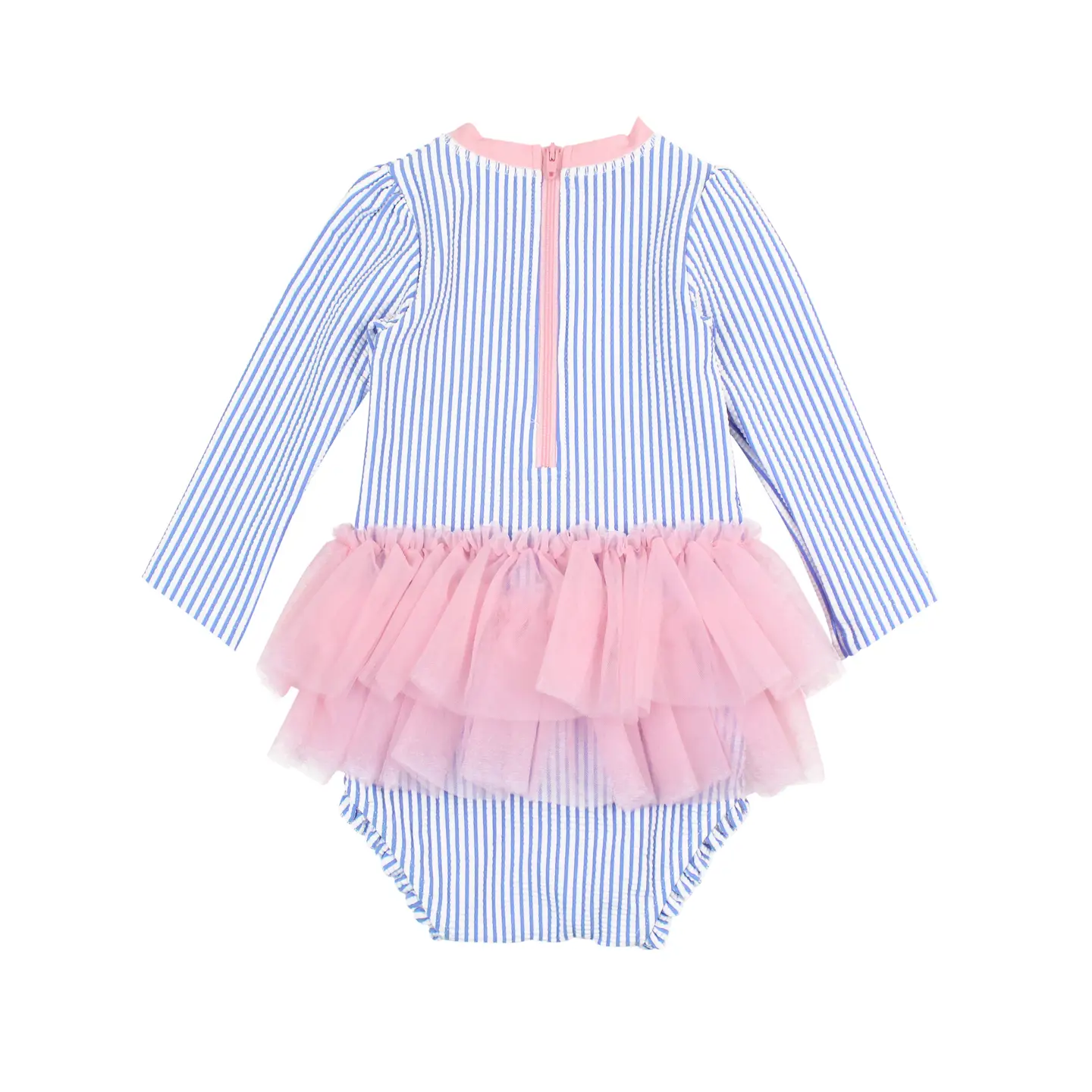 Baby Girls Periwinkle Blue Seersucker Tulle Skirted One Piece Rash Guard