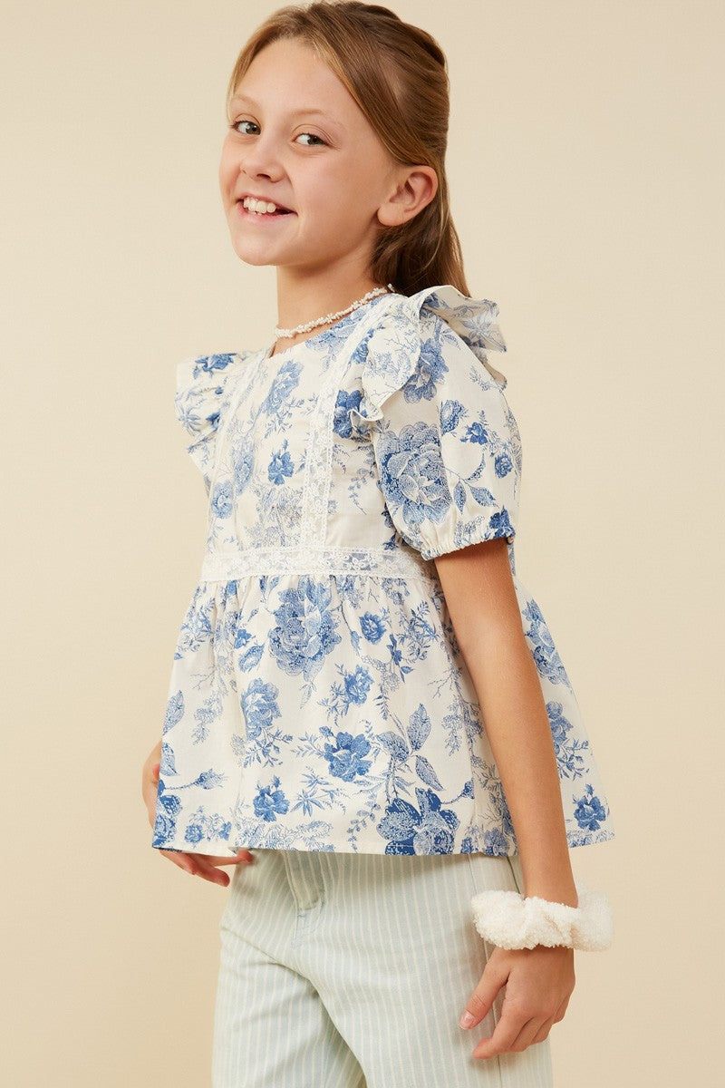 Girls Antique Floral Lace Trimmed Ruffle Top