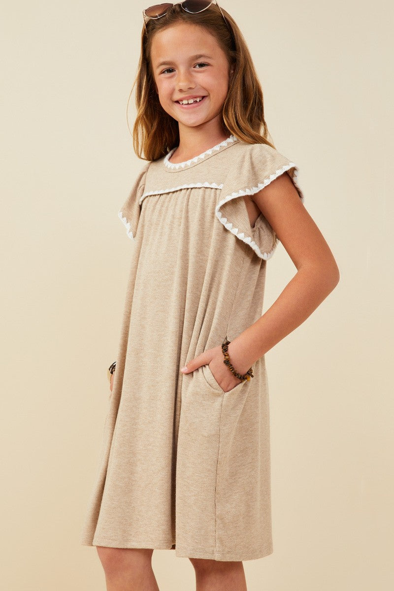 Girls Crochet Contrast Stitched Ribbed Knit Dress