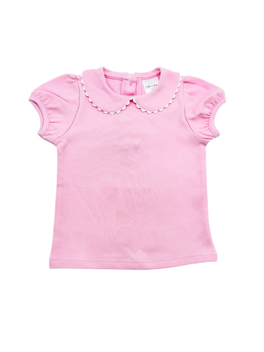Girl's Pink Scalloped Collared Short Sleeve Top
