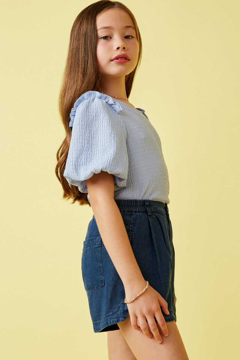 Girls Blue Crinkled Puff Sleeve Knit Top