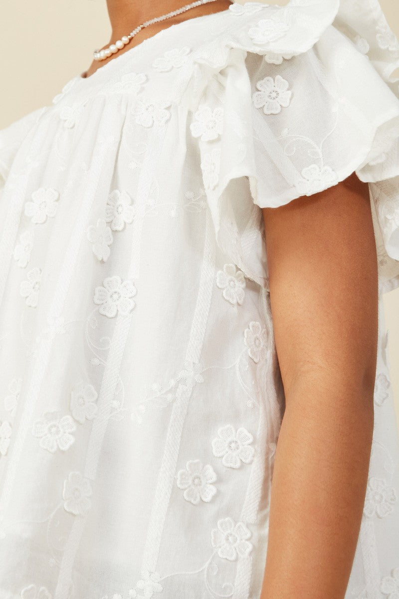 Girls Off White Crochet Floral Detailed Ruffle Sleeve Top