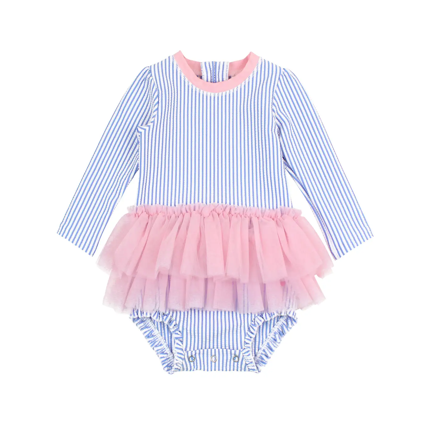 Baby Girls Periwinkle Blue Seersucker Tulle Skirted One Piece Rash Guard