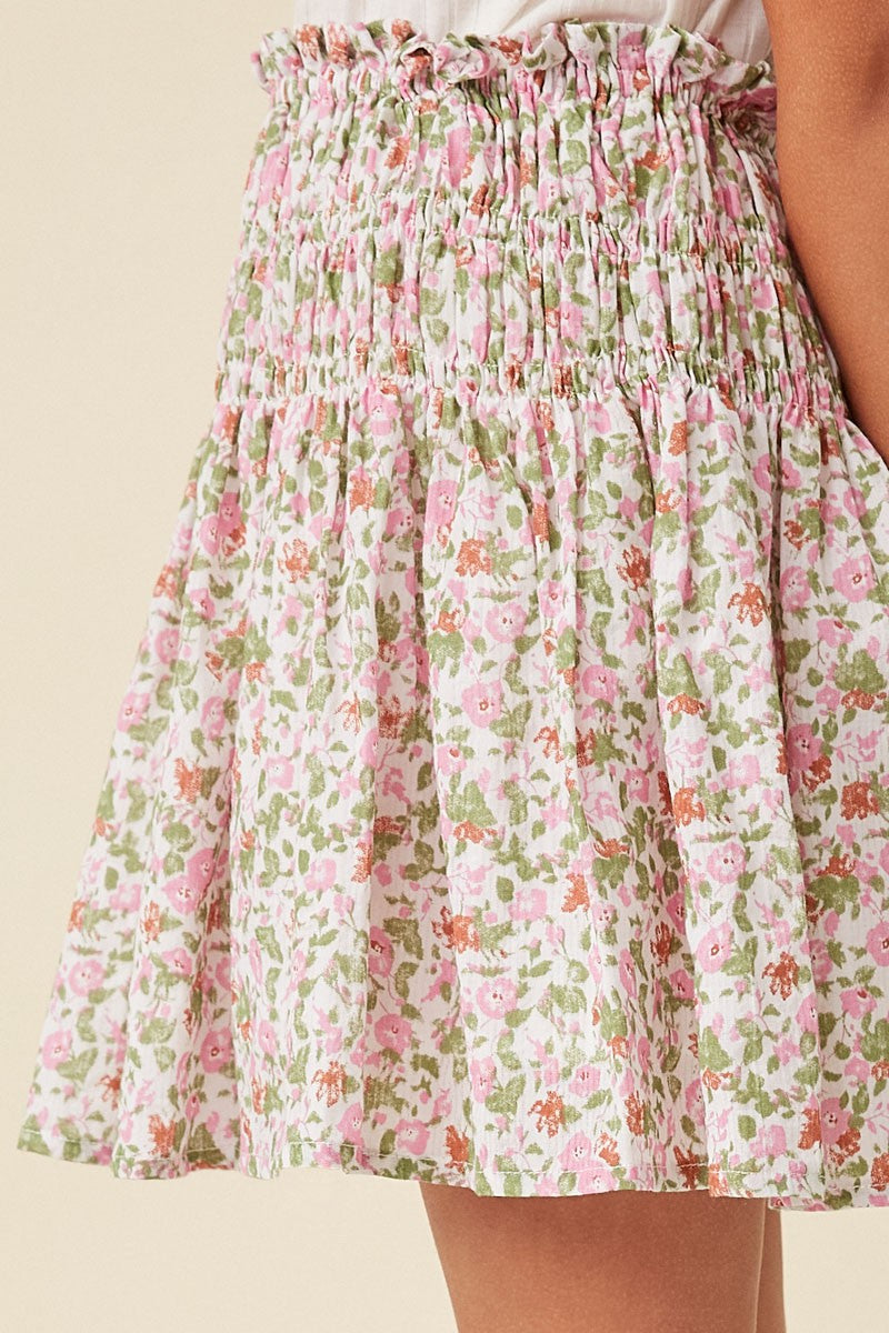 Girls Pink Floral Elastic Detailed Skirt