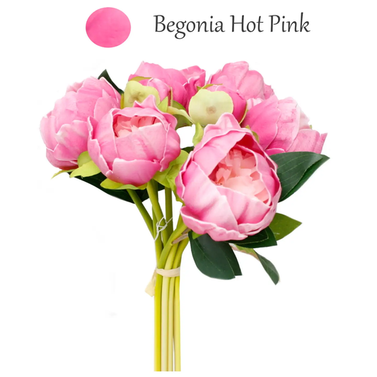 Begonia Pink 10.5" Real Touch Artificial Peony Bundle - 7 Flowers and Buds