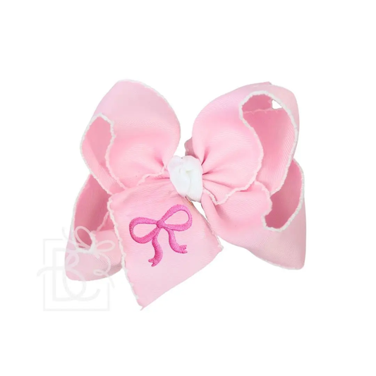 Light Pink Hair Bow with Hot Pink Embroidered Bow Design