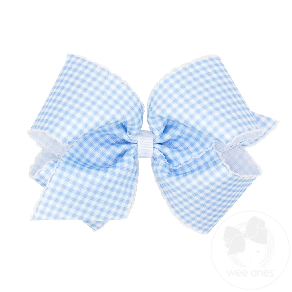Blue Gingham Printed Grosgrain Hair Bow with Moonstitch Edge