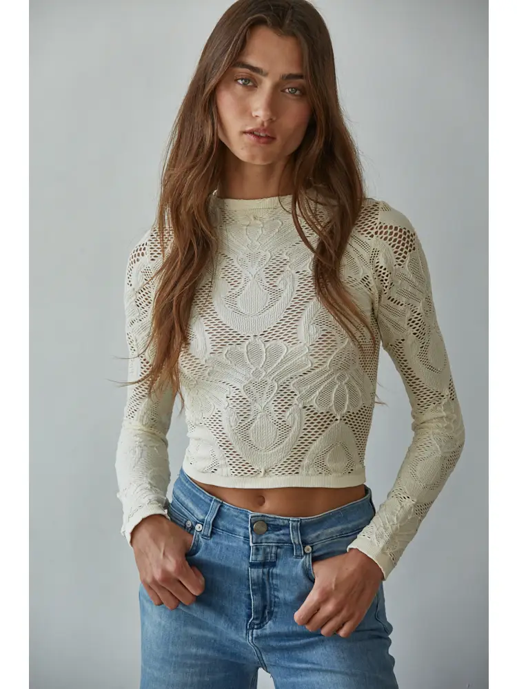 Jacquard Jewel Mock Neck Top - Cream