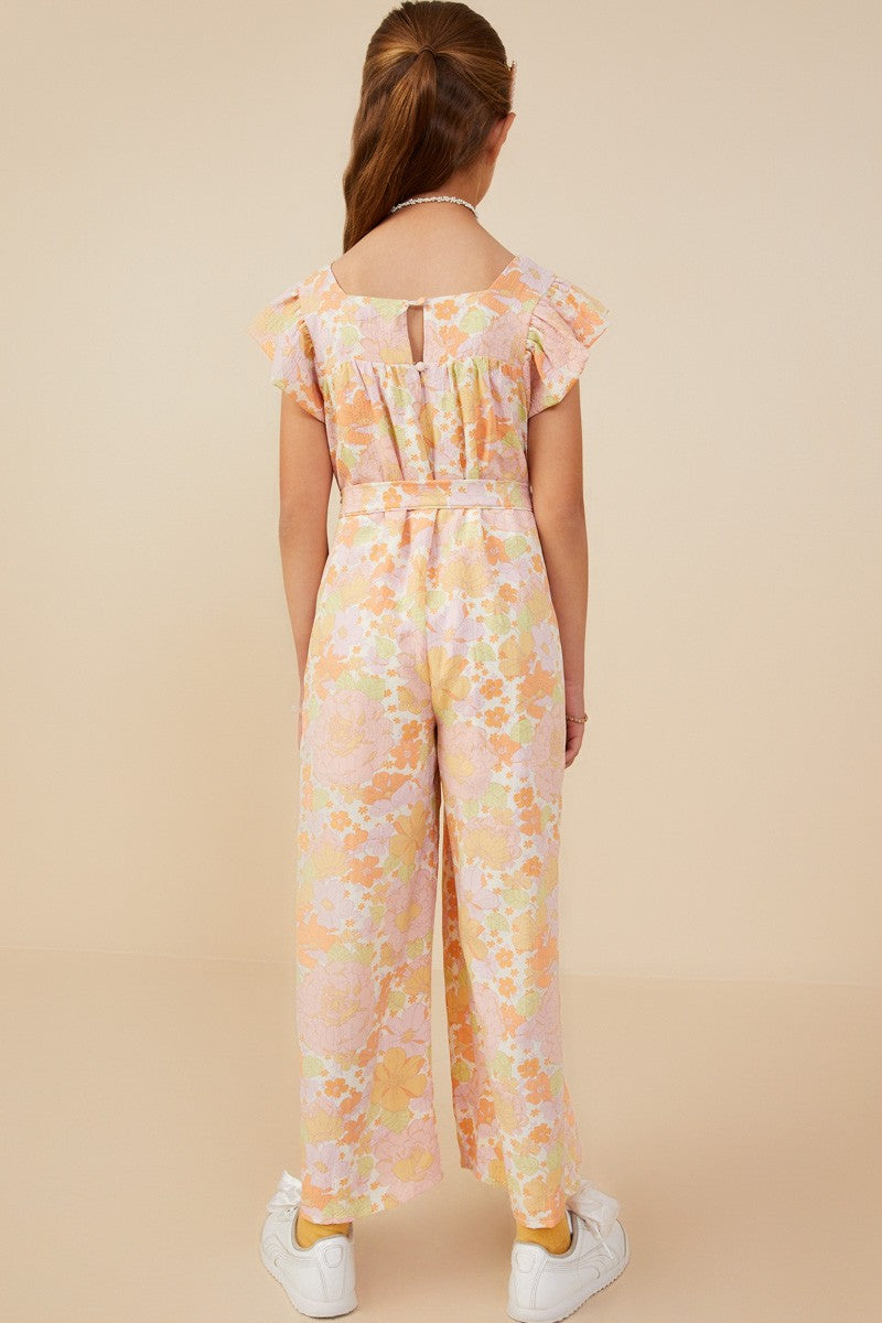 Girls Textured Floral Wide Leg Belted Jumpsuit